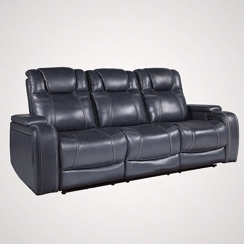 BLUE LEATHER POWER HEADRESTS POWER RECLINING SOFA STORAGE ARMS FURNITURE