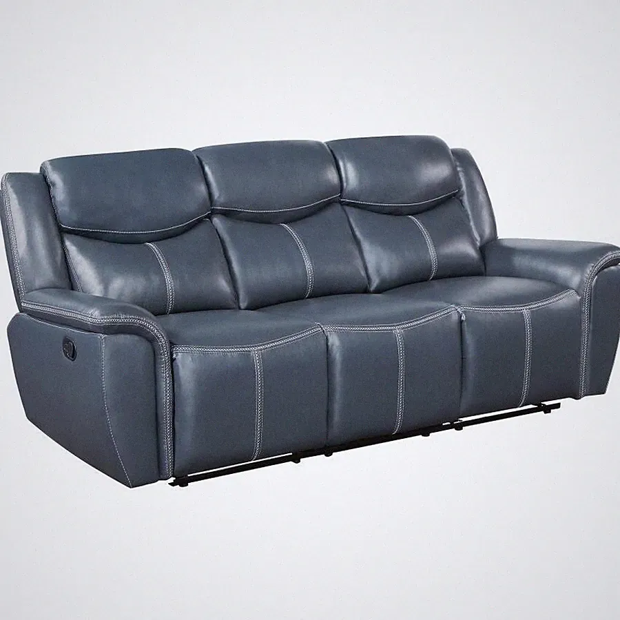 DARK BLUE FAUX LEATHER RECLINING SOFA DROP DOWN TABLE LIVING ROOM FURNITURE